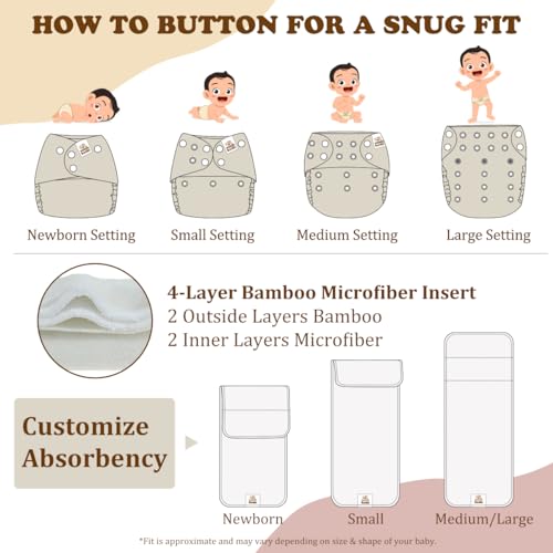 Mama Koala 2.0 Cloth Diapers for Babies with AWJ Lining, 6 Pack with 6 Bamboo Cloth Diaper Inserts - Reusable and Washable Pocket Diapers(Simply Neutrals)