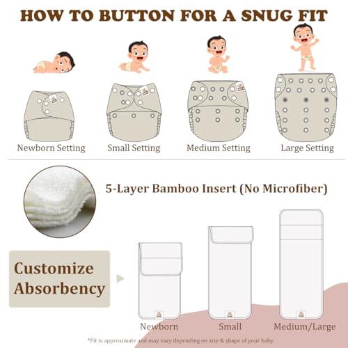 Mama Koala 2.0 Cloth Diapers for Babies with AWJ Lining, 6 Pack with 6 Bamboo Cloth Diaper Inserts - Reusable and Washable Pocket Diapers(Simply Neutrals)