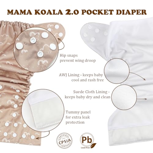 Mama Koala 2.0 Cloth Diapers for Babies with AWJ Lining, 6 Pack with 6 Bamboo Cloth Diaper Inserts - Reusable and Washable Pocket Diapers(Simply Neutrals)