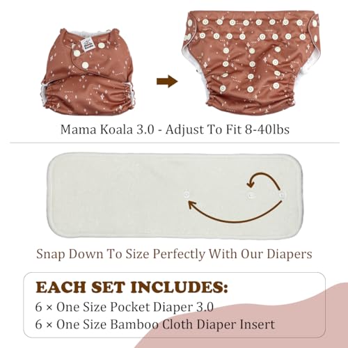 Mama Koala 2.0 Cloth Diapers for Babies with AWJ Lining, 6 Pack with 6 Bamboo Cloth Diaper Inserts - Reusable and Washable Pocket Diapers(Simply Neutrals)