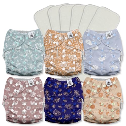 Mama Koala 2.0 Cloth Diapers for Babies with AWJ Lining, 6 Pack with 6 Bamboo Cloth Diaper Inserts - Reusable and Washable Pocket Diapers(Simply Neutrals)