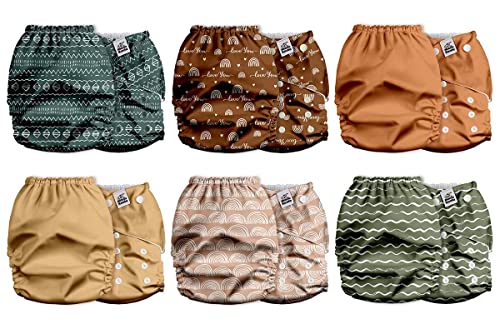 Mama Koala 2.0 Cloth Diapers for Babies with AWJ Lining, 6 Pack with 6 Bamboo Cloth Diaper Inserts - Reusable and Washable Pocket Diapers(Simply Neutrals)