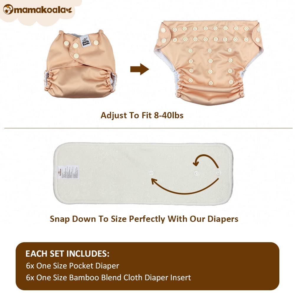 Mama Koala 2.0 Cloth Diapers for Babies with AWJ Lining, 6 Pack with 6 Bamboo Cloth Diaper Inserts - Reusable and Washable Pocket Diapers(Simply Neutrals)