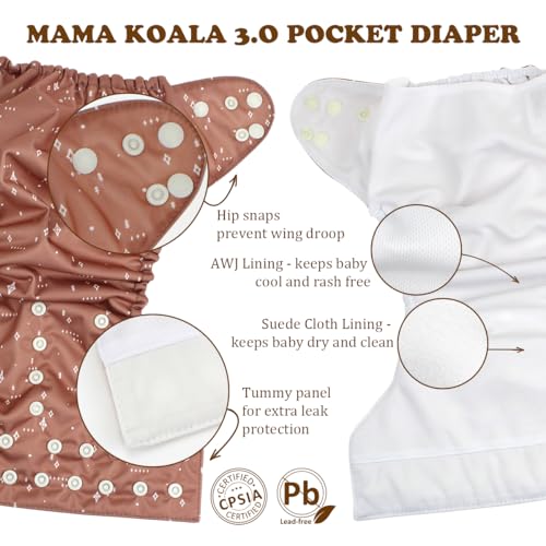 Mama Koala 2.0 Cloth Diapers for Babies with AWJ Lining, 6 Pack with 6 Bamboo Cloth Diaper Inserts - Reusable and Washable Pocket Diapers(Simply Neutrals)