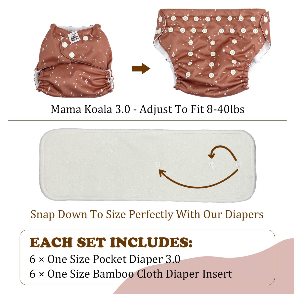 Mama Koala 2.0 Cloth Diapers for Babies with AWJ Lining, 6 Pack with 6 Bamboo Cloth Diaper Inserts - Reusable and Washable Pocket Diapers(Simply Neutrals)