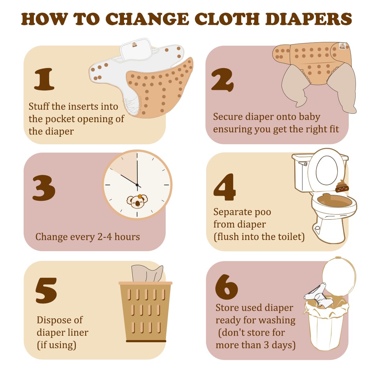 Mama Koala 2.0 Cloth Diapers for Babies with AWJ Lining, 6 Pack with 6 Bamboo Cloth Diaper Inserts - Reusable and Washable Pocket Diapers(Simply Neutrals)