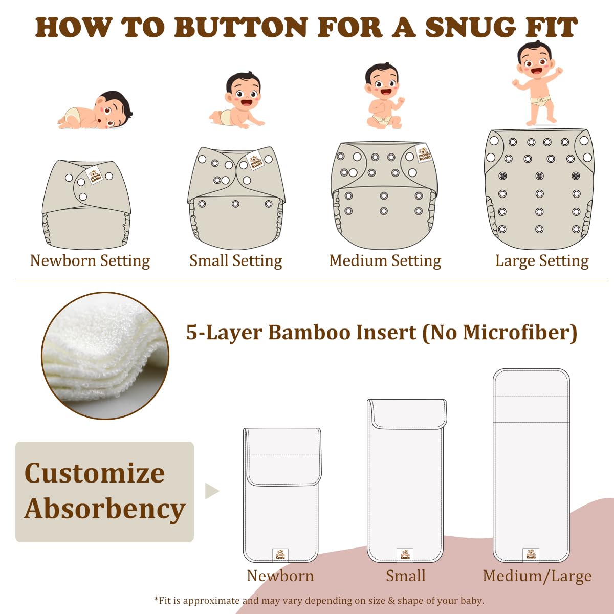 Mama Koala 2.0 Cloth Diapers for Babies with AWJ Lining, 6 Pack with 6 Bamboo Cloth Diaper Inserts - Reusable and Washable Pocket Diapers(Simply Neutrals)