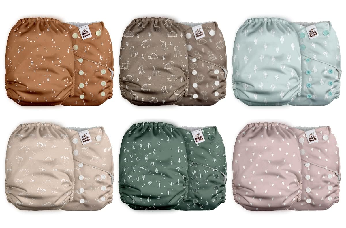 Mama Koala 2.0 Cloth Diapers for Babies with AWJ Lining, 6 Pack with 6 Bamboo Cloth Diaper Inserts - Reusable and Washable Pocket Diapers(Simply Neutrals)