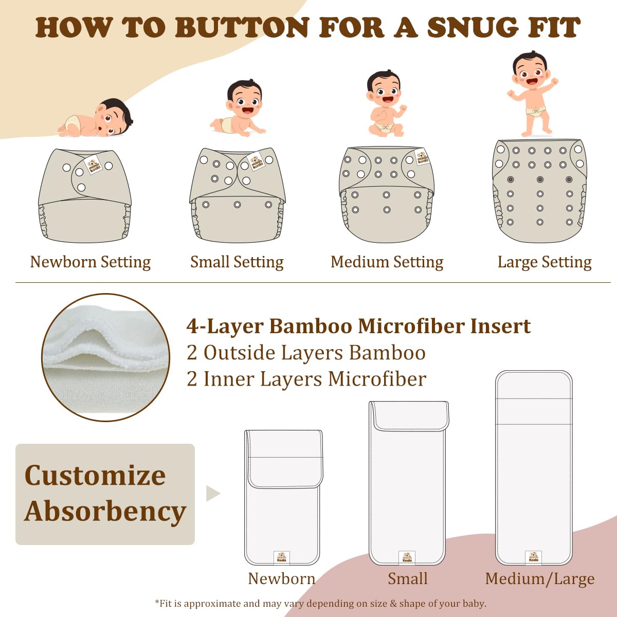 Mama Koala 2.0 Cloth Diapers for Babies with AWJ Lining, 6 Pack with 6 Bamboo Cloth Diaper Inserts - Reusable and Washable Pocket Diapers(Simply Neutrals)