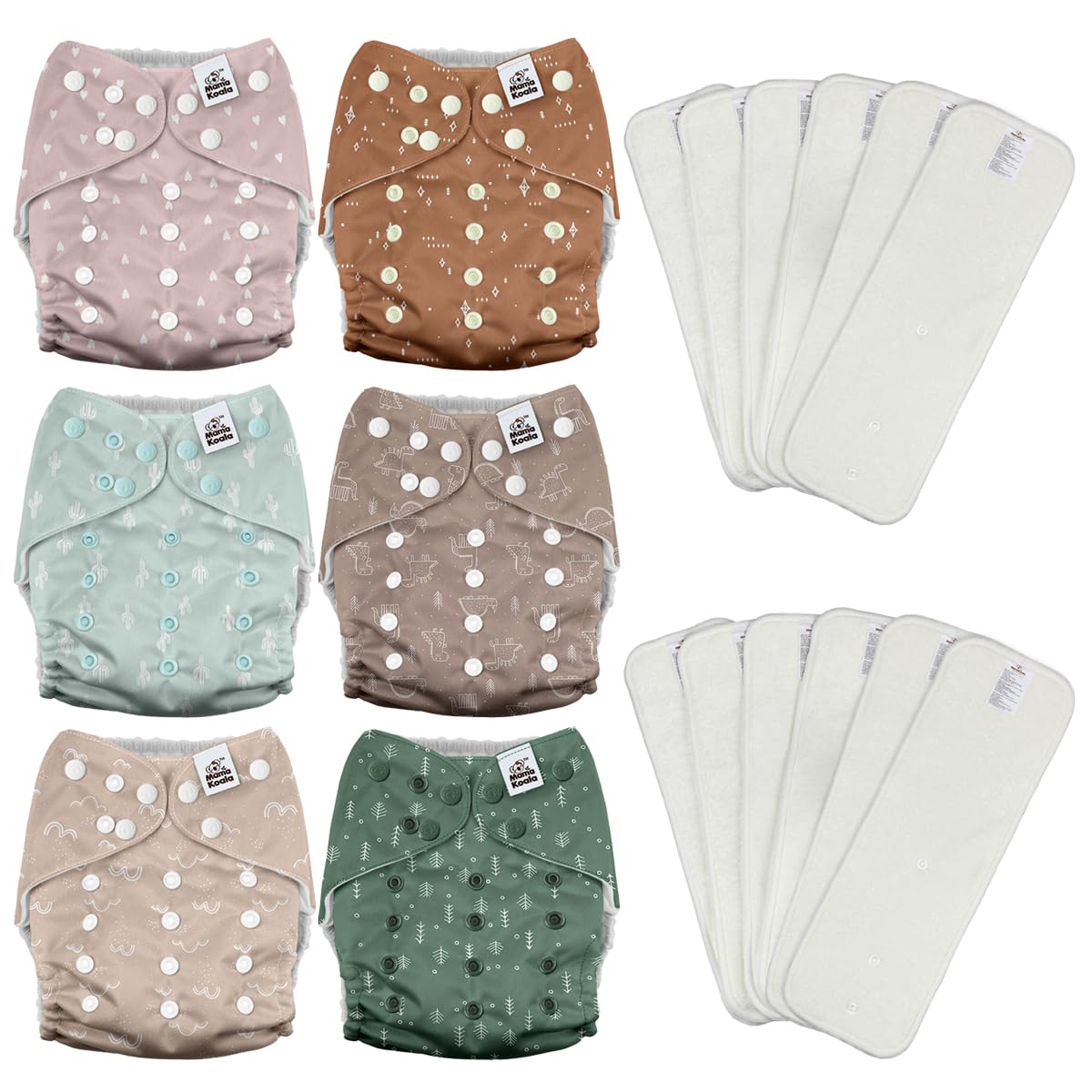 Mama Koala 2.0 Cloth Diapers for Babies with AWJ Lining, 6 Pack with 6 Bamboo Cloth Diaper Inserts - Reusable and Washable Pocket Diapers(Simply Neutrals)