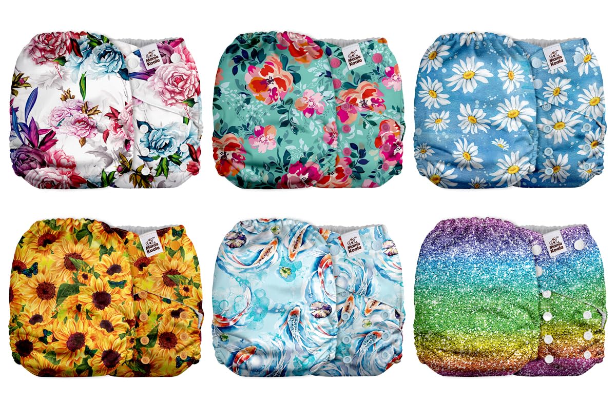 Mama Koala 2.0 Cloth Diapers for Babies with AWJ Lining, 6 Pack with 6 Bamboo Cloth Diaper Inserts - Reusable and Washable Pocket Diapers(Simply Neutrals)