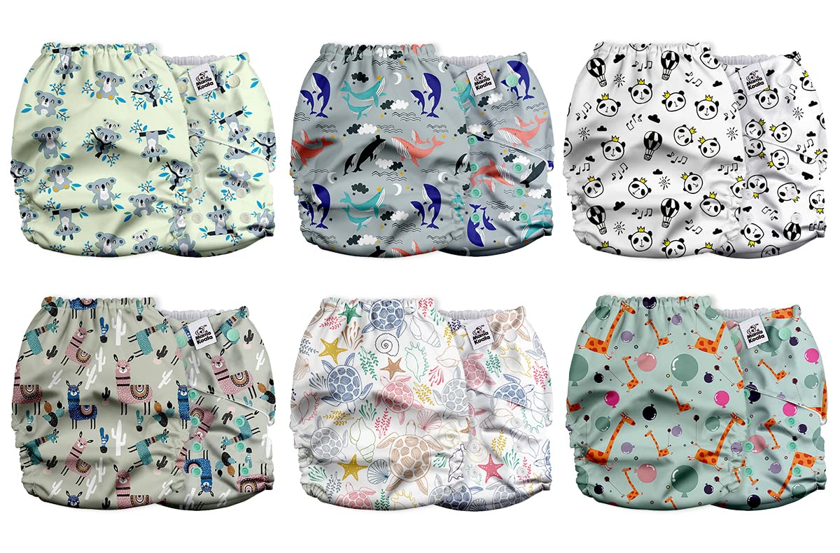Mama Koala 2.0 Cloth Diapers for Babies with AWJ Lining, 6 Pack with 6 Bamboo Cloth Diaper Inserts - Reusable and Washable Pocket Diapers(Simply Neutrals)