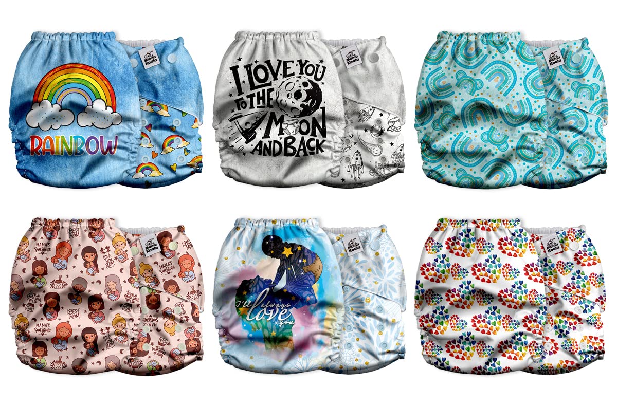 Mama Koala 2.0 Cloth Diapers for Babies with AWJ Lining, 6 Pack with 6 Bamboo Cloth Diaper Inserts - Reusable and Washable Pocket Diapers(Simply Neutrals)