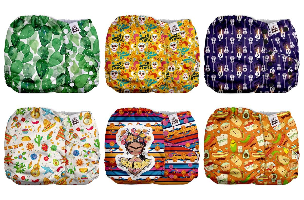 Mama Koala 2.0 Cloth Diapers for Babies with AWJ Lining, 6 Pack with 6 Bamboo Cloth Diaper Inserts - Reusable and Washable Pocket Diapers(Simply Neutrals)
