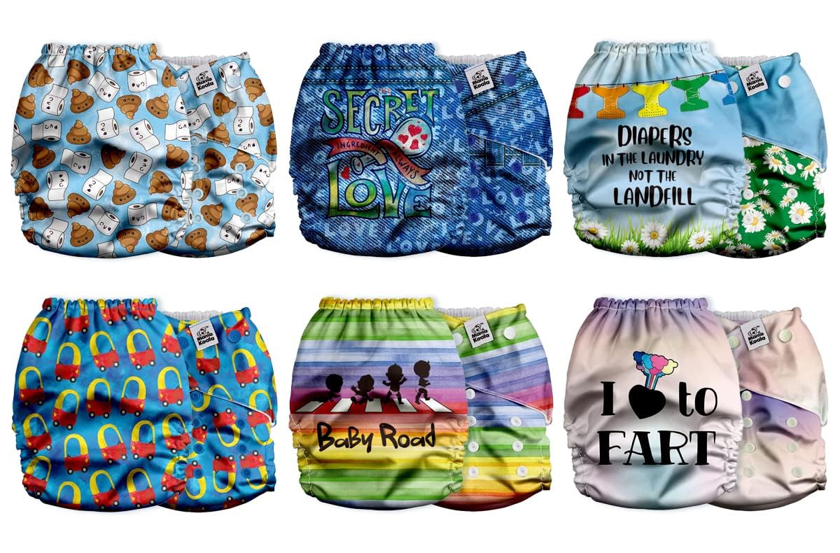 Mama Koala 2.0 Cloth Diapers for Babies with AWJ Lining, 6 Pack with 6 Bamboo Cloth Diaper Inserts - Reusable and Washable Pocket Diapers(Simply Neutrals)