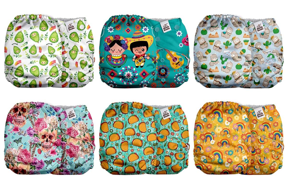 Mama Koala 2.0 Cloth Diapers for Babies with AWJ Lining, 6 Pack with 6 Bamboo Cloth Diaper Inserts - Reusable and Washable Pocket Diapers(Simply Neutrals)