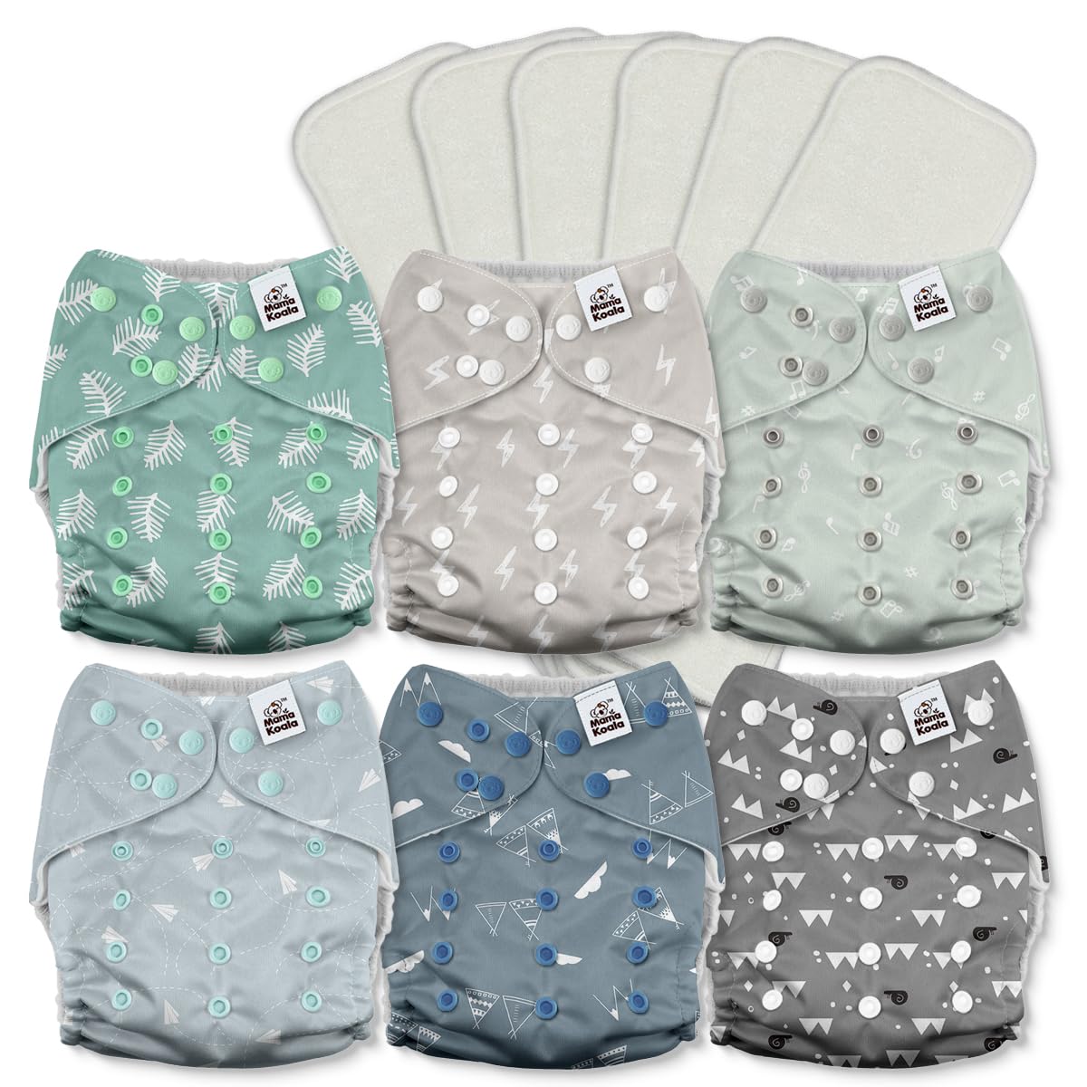 Mama Koala 2.0 Cloth Diapers for Babies with AWJ Lining, 6 Pack with 6 Bamboo Cloth Diaper Inserts - Reusable and Washable Pocket Diapers(Simply Neutrals)