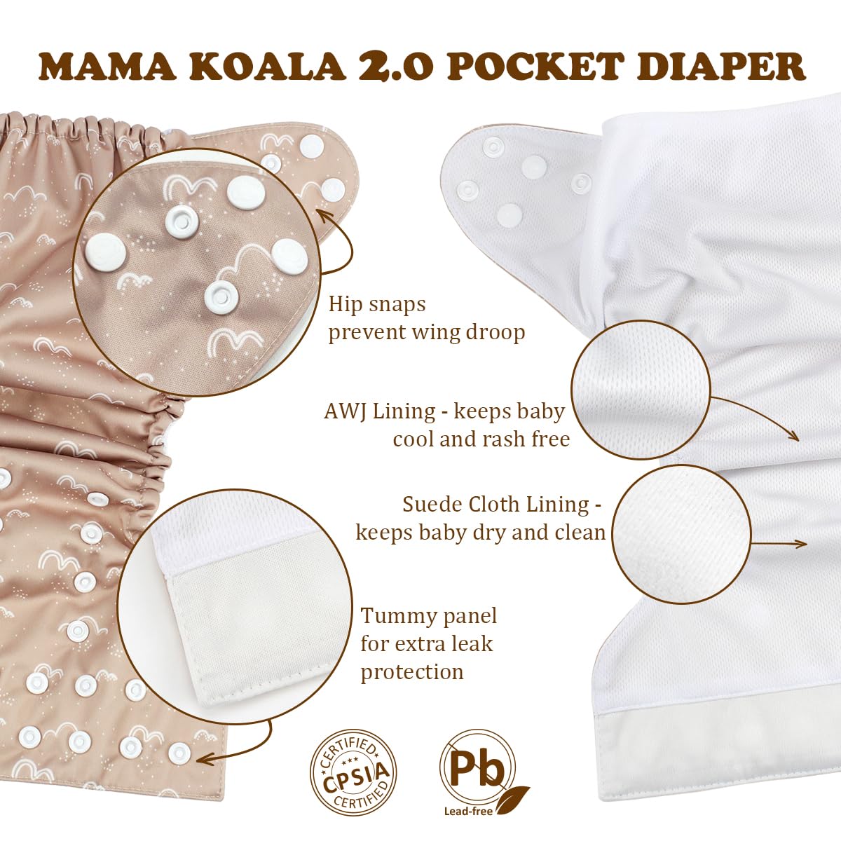 Mama Koala 2.0 Cloth Diapers for Babies with AWJ Lining, 6 Pack with 6 Bamboo Cloth Diaper Inserts - Reusable and Washable Pocket Diapers(Simply Neutrals)