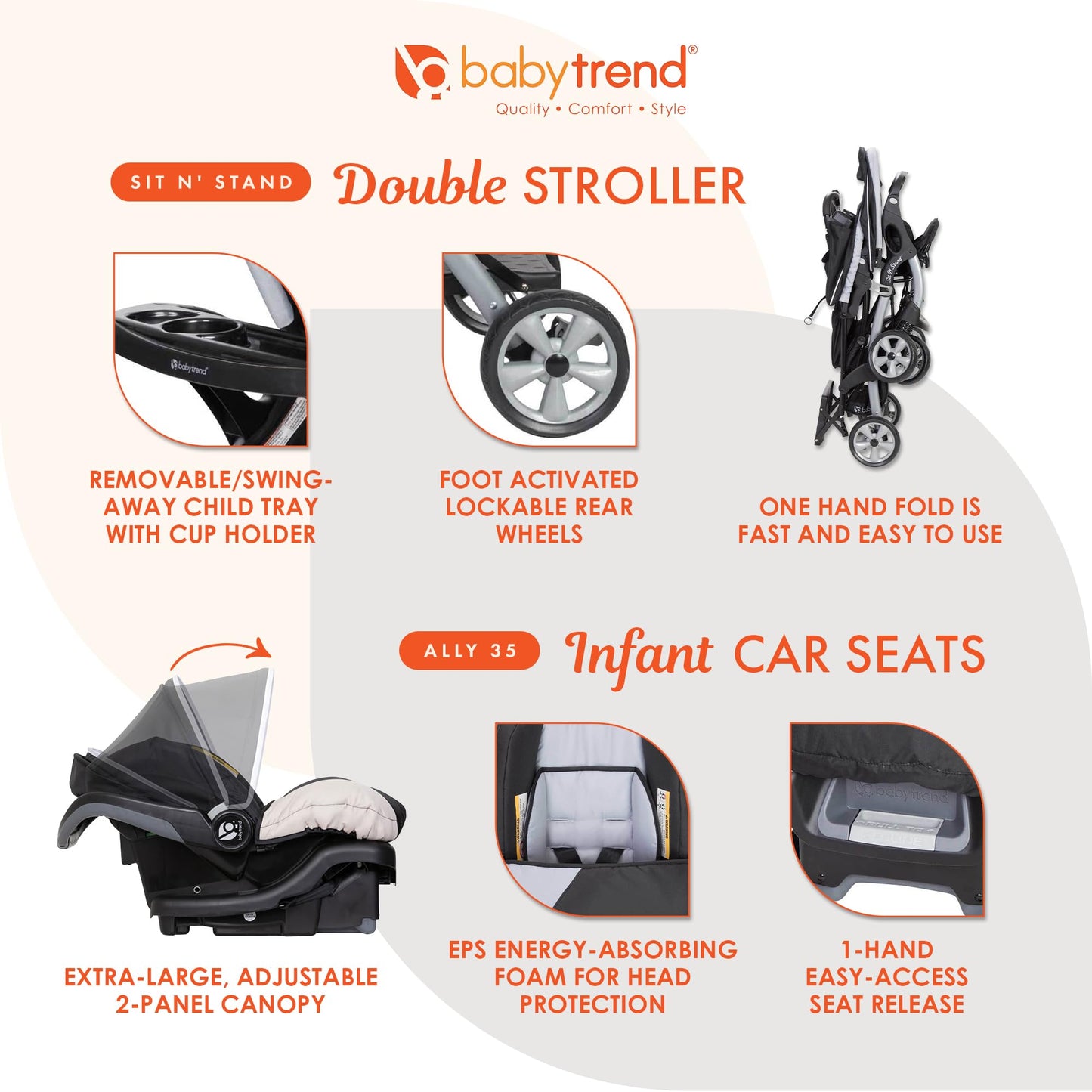 Baby Trend Sit N Stand Easy Fold Travel Double Baby Stroller and 2 Single Infant Car Seats Travel System with Safety Harnesses and Cover, Magnolia
