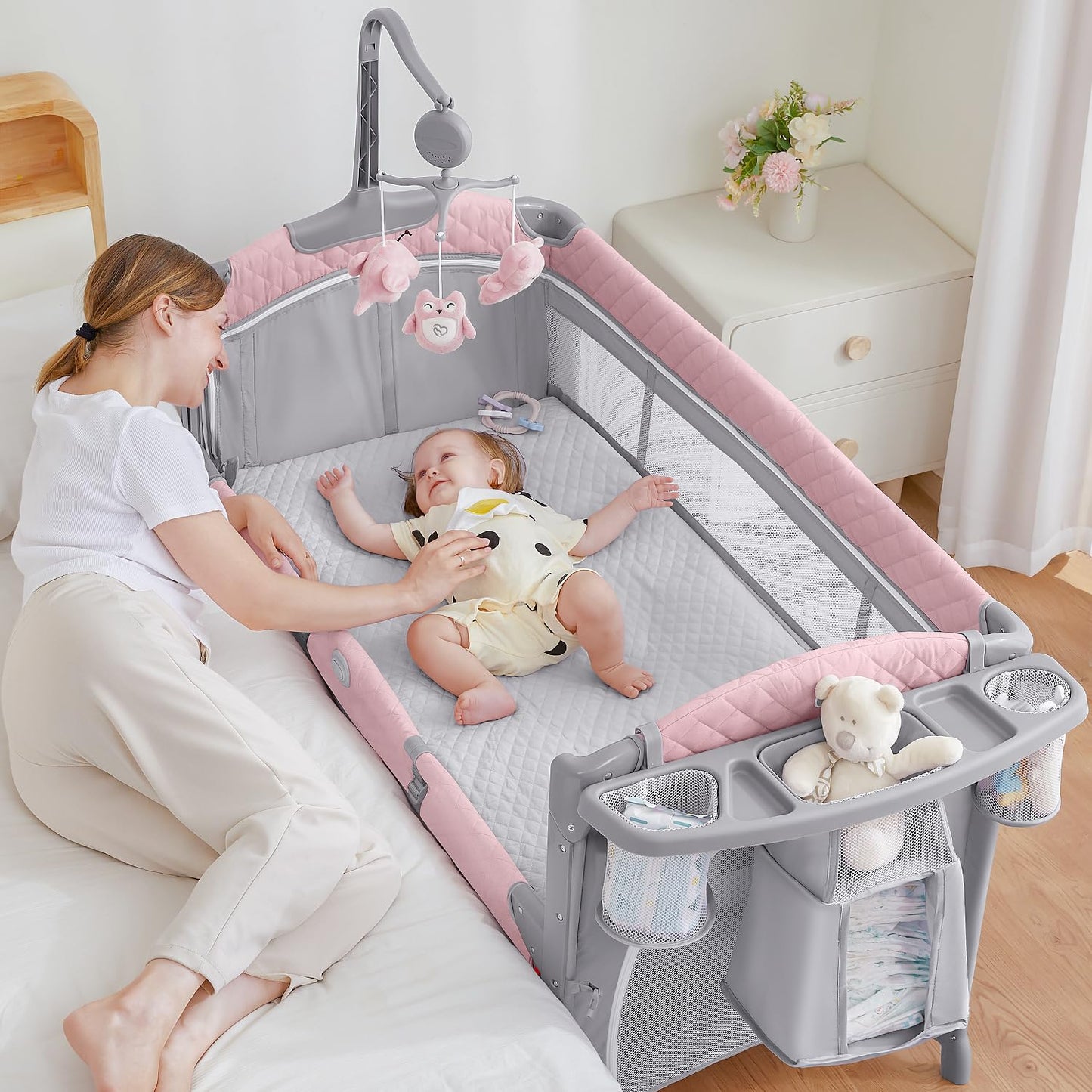 ADOVEL Baby Bassinet Bedside Crib, Pack and Play with Mattress, Diaper Changer and Playards from Newborn to Toddles, Grey