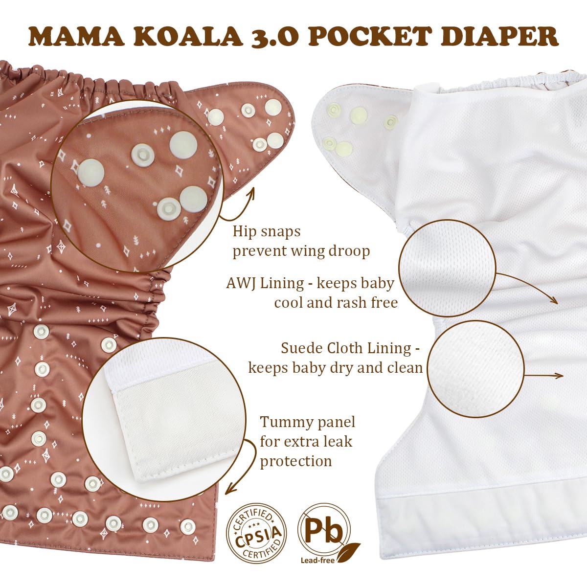 Mama Koala 2.0 Cloth Diapers for Babies with AWJ Lining, 6 Pack with 6 Bamboo Cloth Diaper Inserts - Reusable and Washable Pocket Diapers(Simply Neutrals)