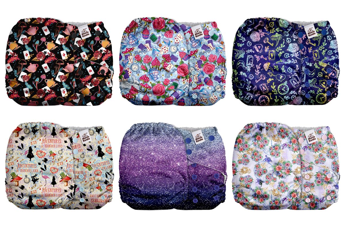 Mama Koala 2.0 Cloth Diapers for Babies with AWJ Lining, 6 Pack with 6 Bamboo Cloth Diaper Inserts - Reusable and Washable Pocket Diapers(Simply Neutrals)
