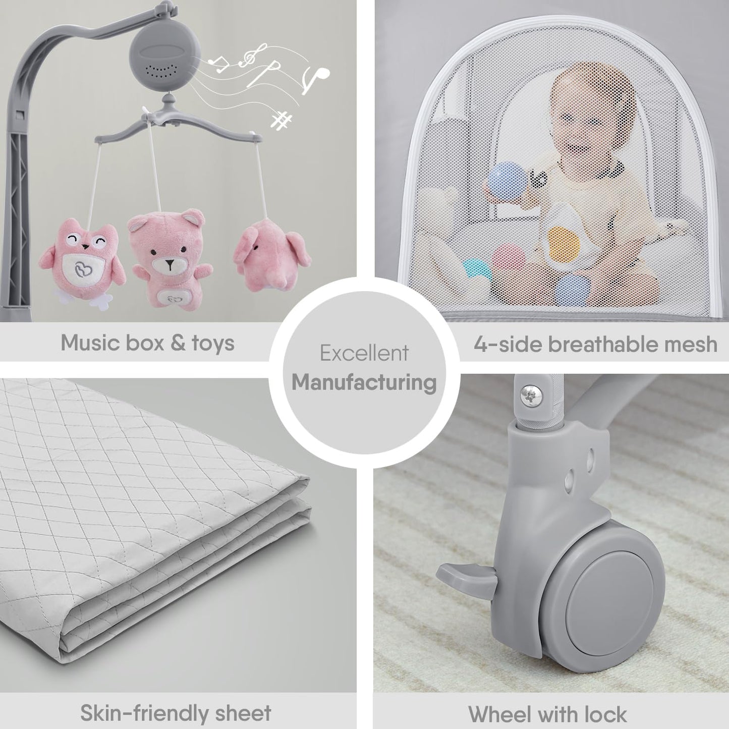 ADOVEL Baby Bassinet Bedside Crib, Pack and Play with Mattress, Diaper Changer and Playards from Newborn to Toddles, Grey