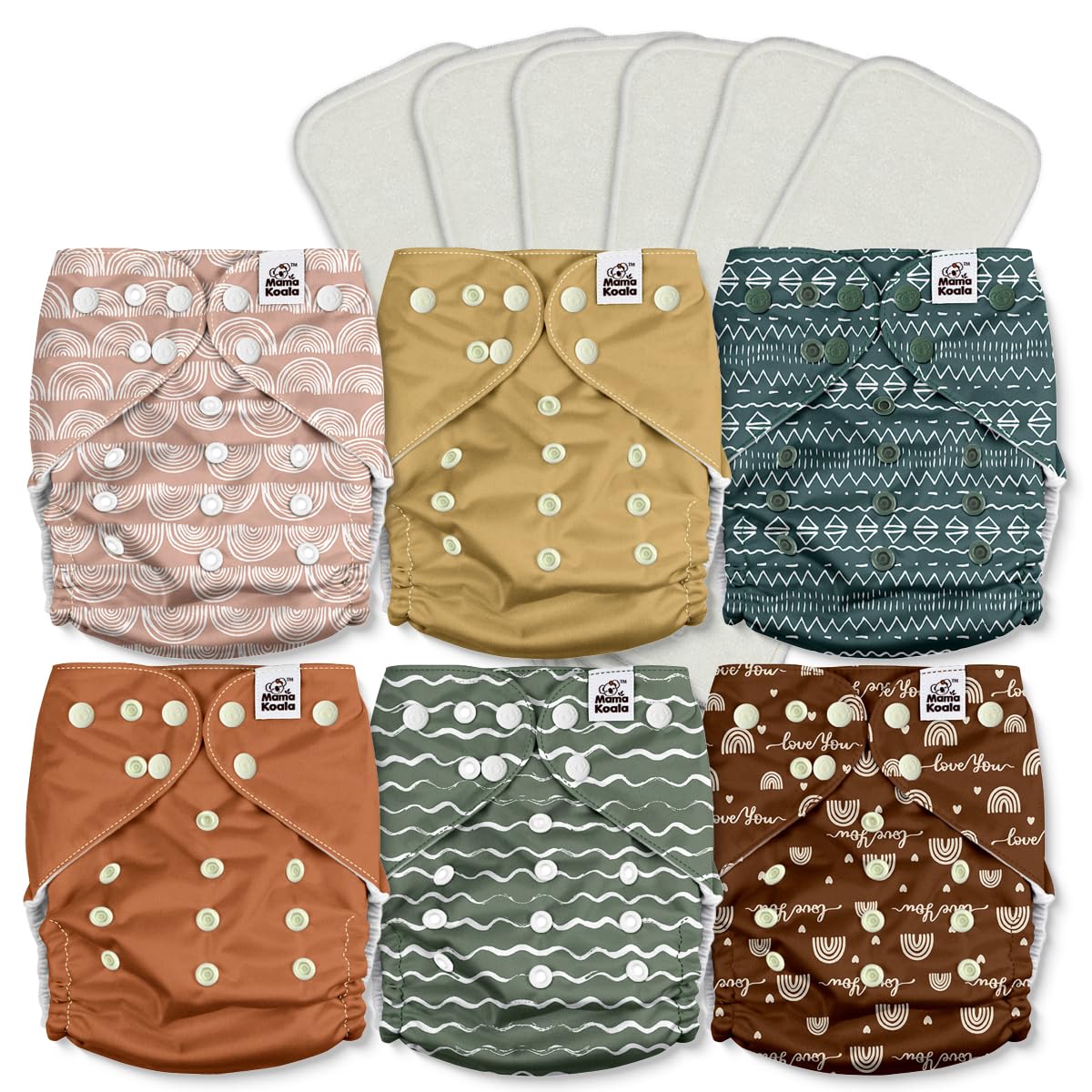 Mama Koala 2.0 Cloth Diapers for Babies with AWJ Lining, 6 Pack with 6 Bamboo Cloth Diaper Inserts - Reusable and Washable Pocket Diapers(Simply Neutrals)