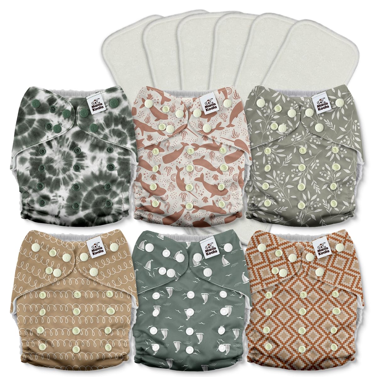 Mama Koala 2.0 Cloth Diapers for Babies with AWJ Lining, 6 Pack with 6 Bamboo Cloth Diaper Inserts - Reusable and Washable Pocket Diapers(Simply Neutrals)