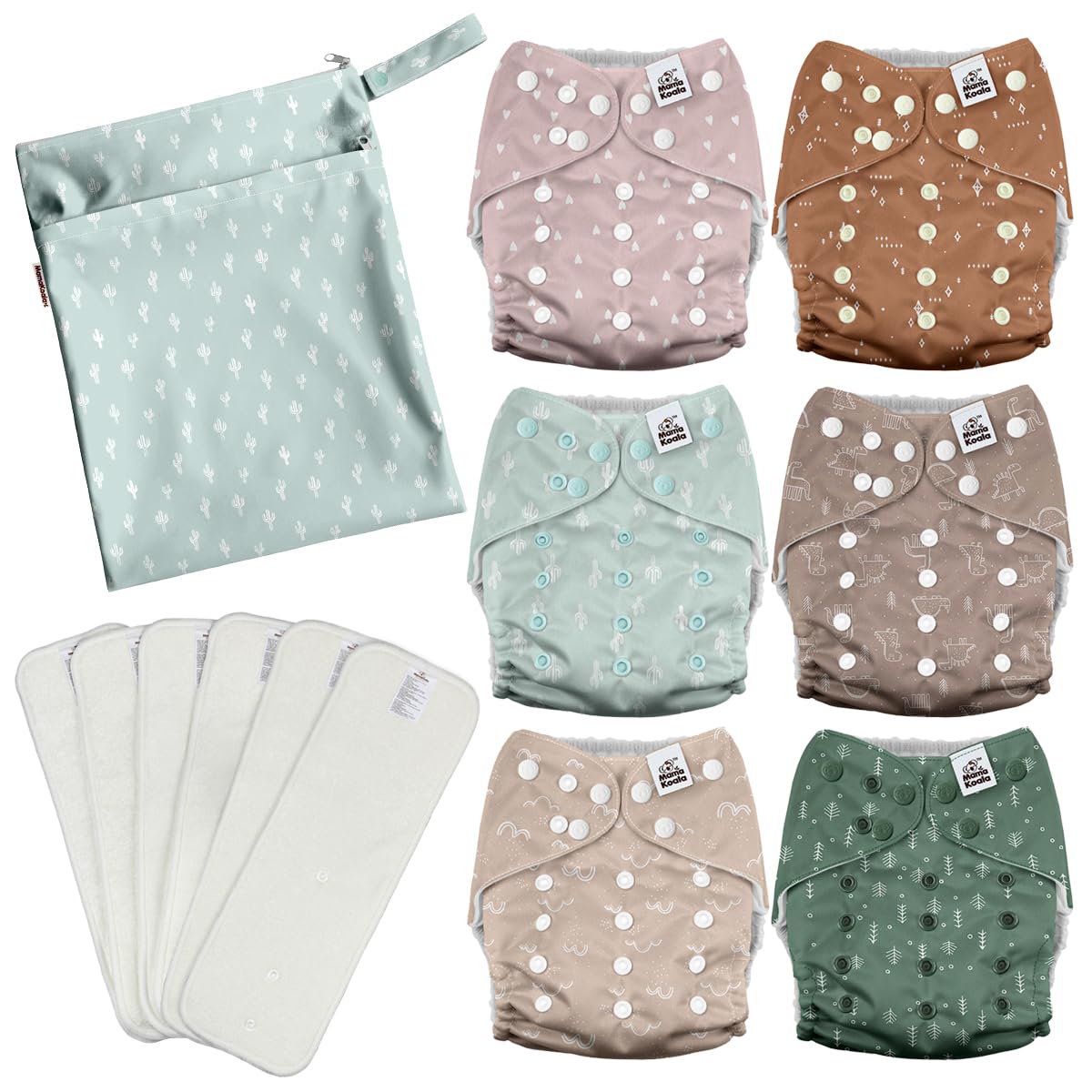 Mama Koala 2.0 Cloth Diapers for Babies with AWJ Lining, 6 Pack with 6 Bamboo Cloth Diaper Inserts - Reusable and Washable Pocket Diapers(Simply Neutrals)
