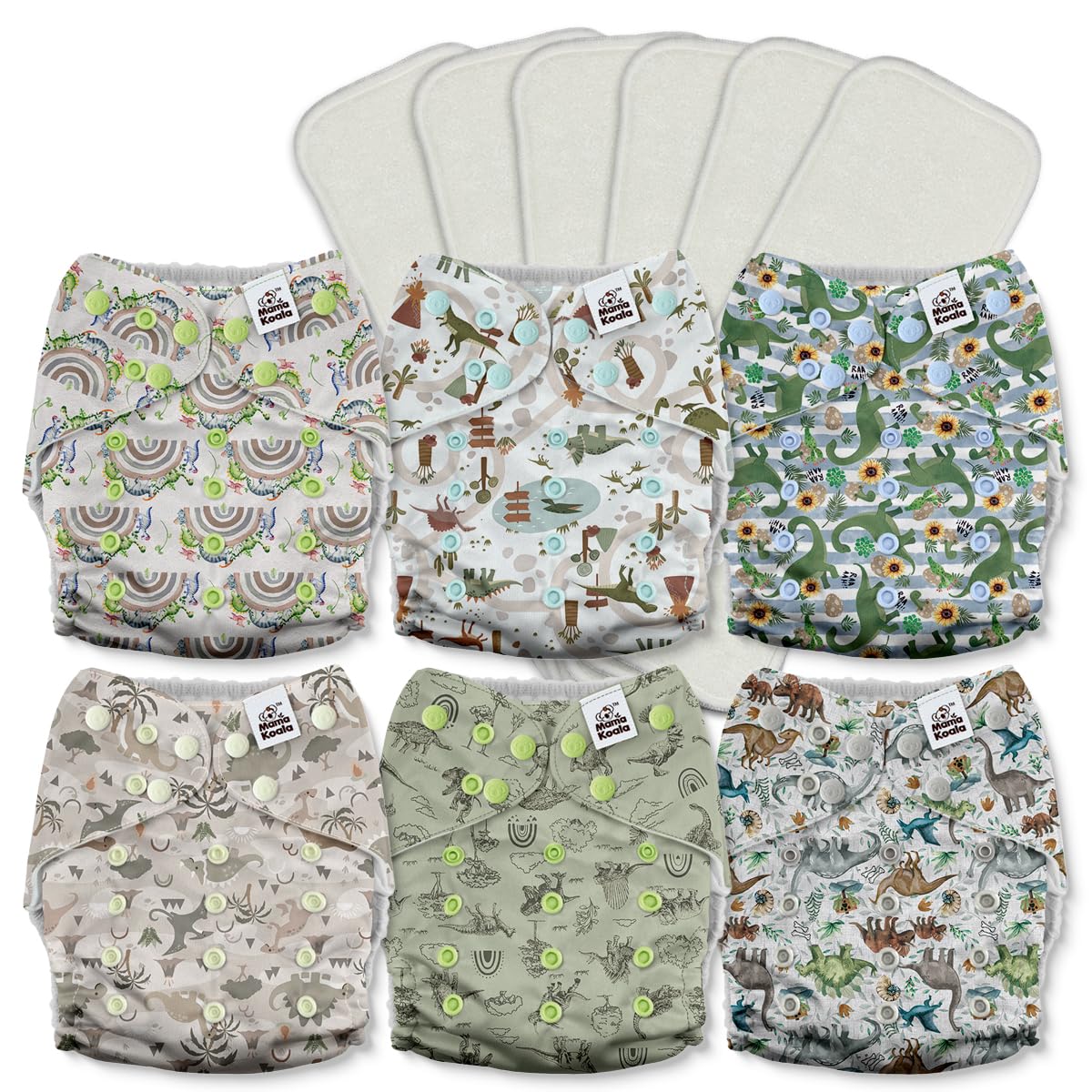 Mama Koala 2.0 Cloth Diapers for Babies with AWJ Lining, 6 Pack with 6 Bamboo Cloth Diaper Inserts - Reusable and Washable Pocket Diapers(Simply Neutrals)