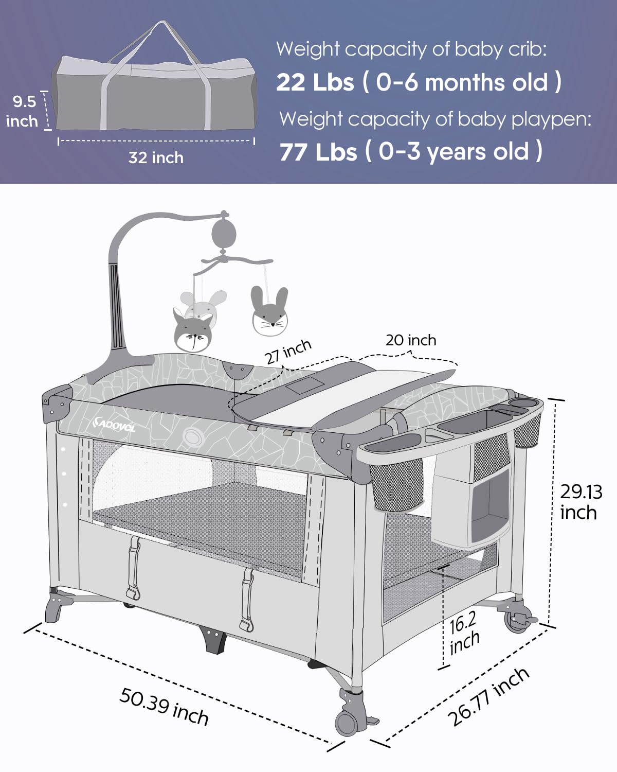 ADOVEL Baby Bassinet Bedside Crib, Pack and Play with Mattress, Diaper Changer and Playards from Newborn to Toddles, Grey