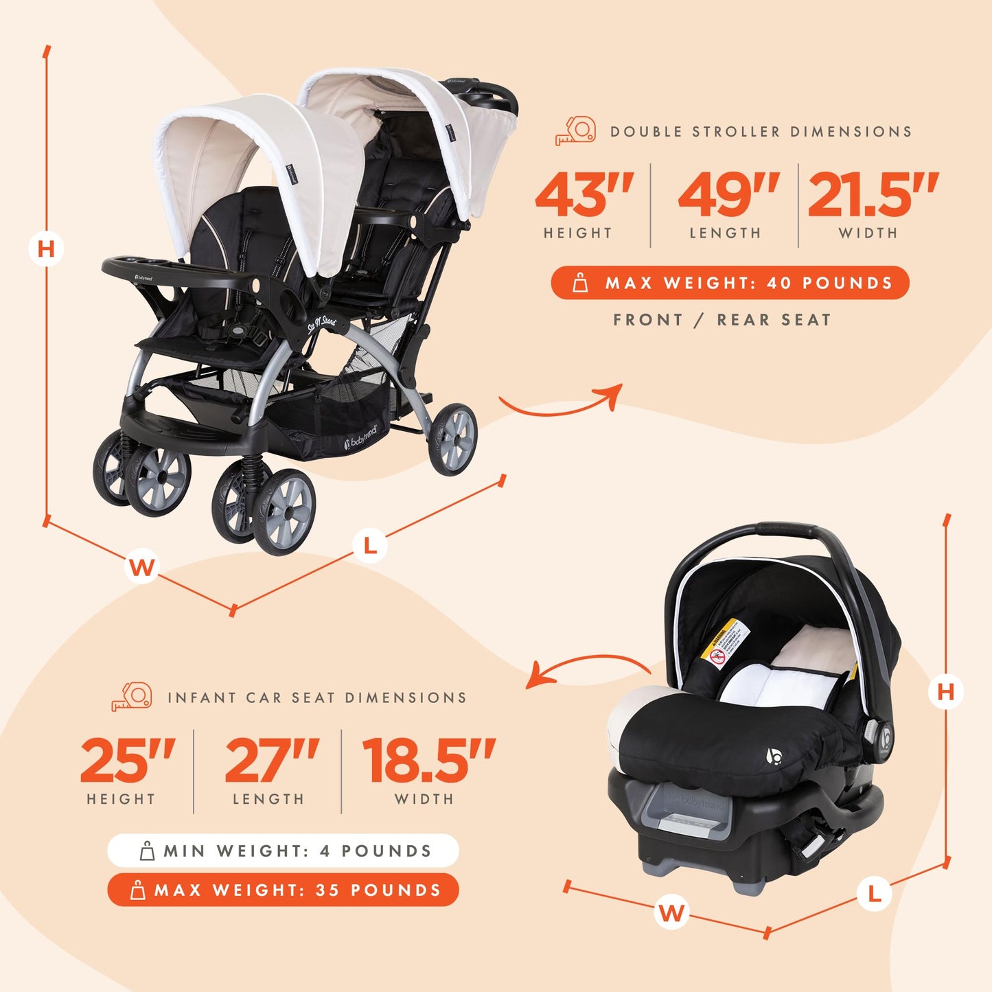 Baby Trend Sit N Stand Easy Fold Travel Double Baby Stroller and 2 Single Infant Car Seats Travel System with Safety Harnesses and Cover, Magnolia