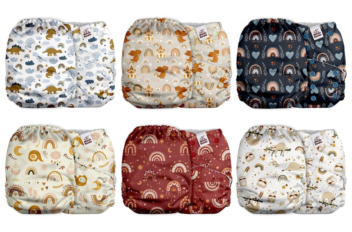 Mama Koala 2.0 Cloth Diapers for Babies with AWJ Lining, 6 Pack with 6 Bamboo Cloth Diaper Inserts - Reusable and Washable Pocket Diapers(Simply Neutrals)