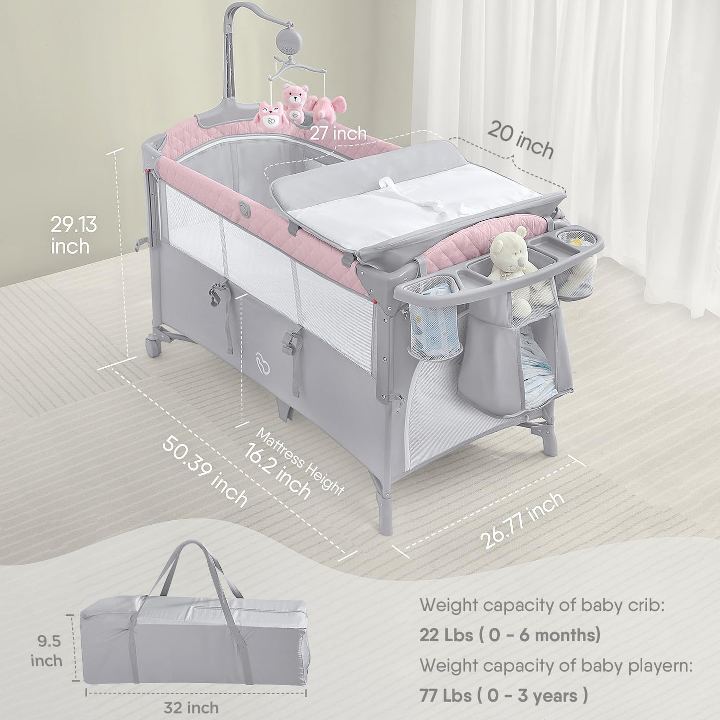 ADOVEL Baby Bassinet Bedside Crib, Pack and Play with Mattress, Diaper Changer and Playards from Newborn to Toddles, Grey