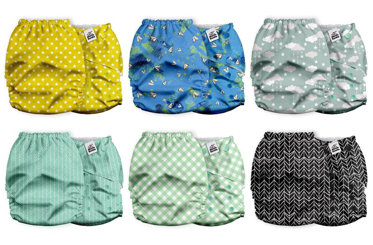 Mama Koala 2.0 Cloth Diapers for Babies with AWJ Lining, 6 Pack with 6 Bamboo Cloth Diaper Inserts - Reusable and Washable Pocket Diapers(Simply Neutrals)
