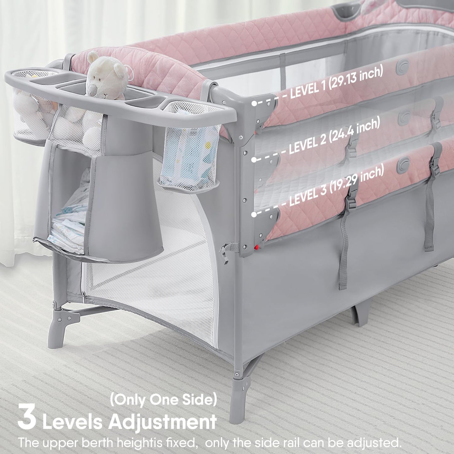 ADOVEL Baby Bassinet Bedside Crib, Pack and Play with Mattress, Diaper Changer and Playards from Newborn to Toddles, Grey