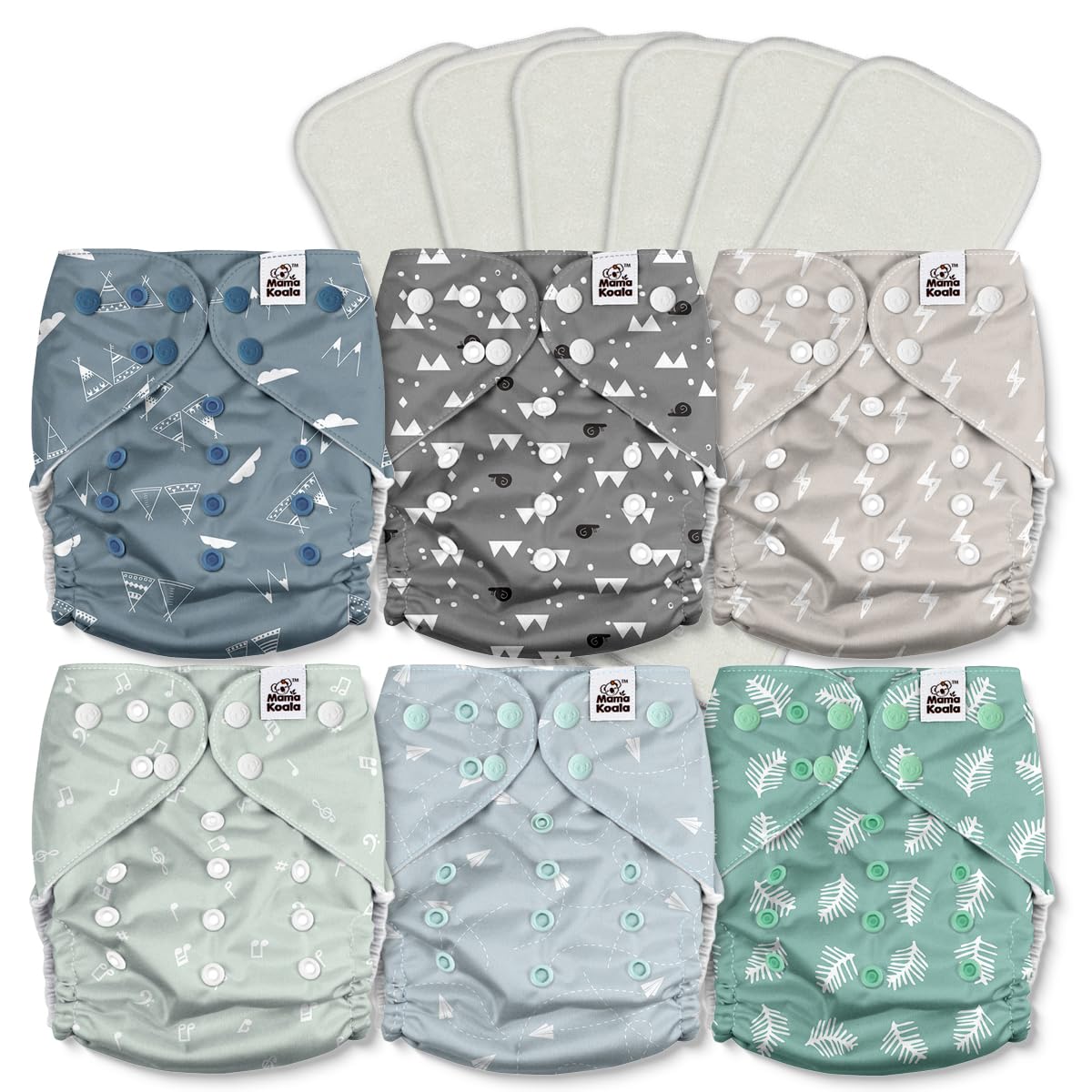 Mama Koala 2.0 Cloth Diapers for Babies with AWJ Lining, 6 Pack with 6 Bamboo Cloth Diaper Inserts - Reusable and Washable Pocket Diapers(Simply Neutrals)