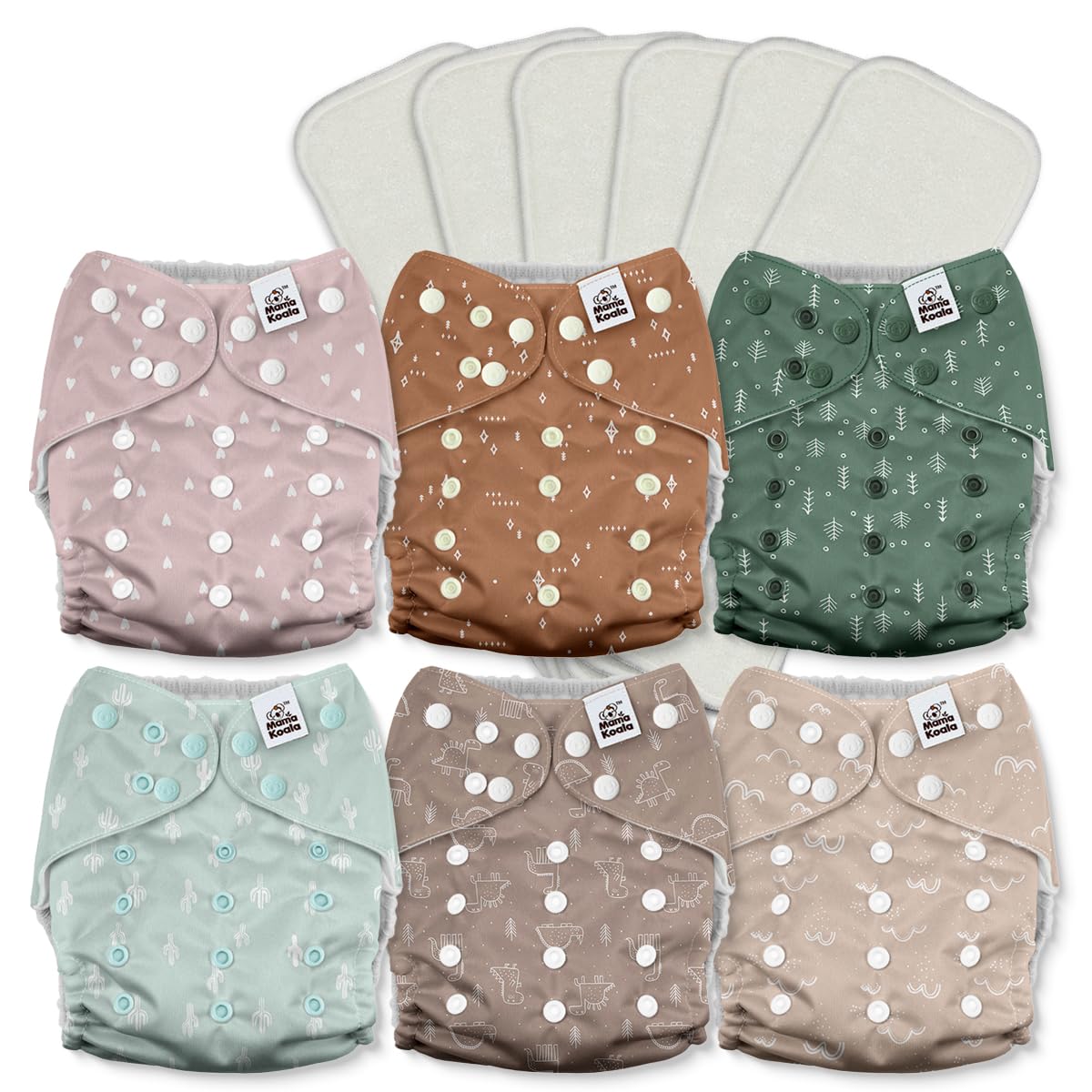 Mama Koala 2.0 Cloth Diapers for Babies with AWJ Lining, 6 Pack with 6 Bamboo Cloth Diaper Inserts - Reusable and Washable Pocket Diapers(Simply Neutrals)
