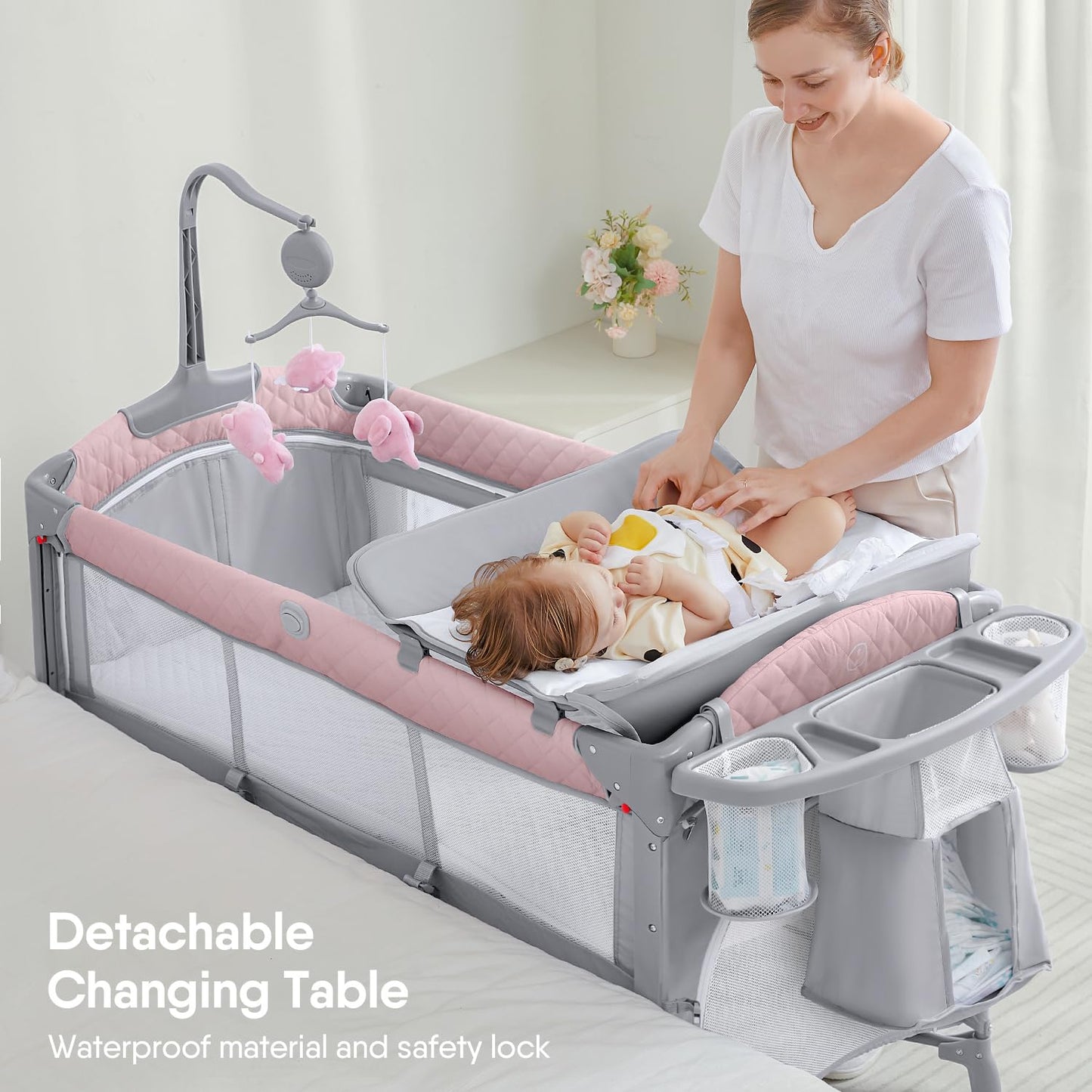 ADOVEL Baby Bassinet Bedside Crib, Pack and Play with Mattress, Diaper Changer and Playards from Newborn to Toddles, Grey