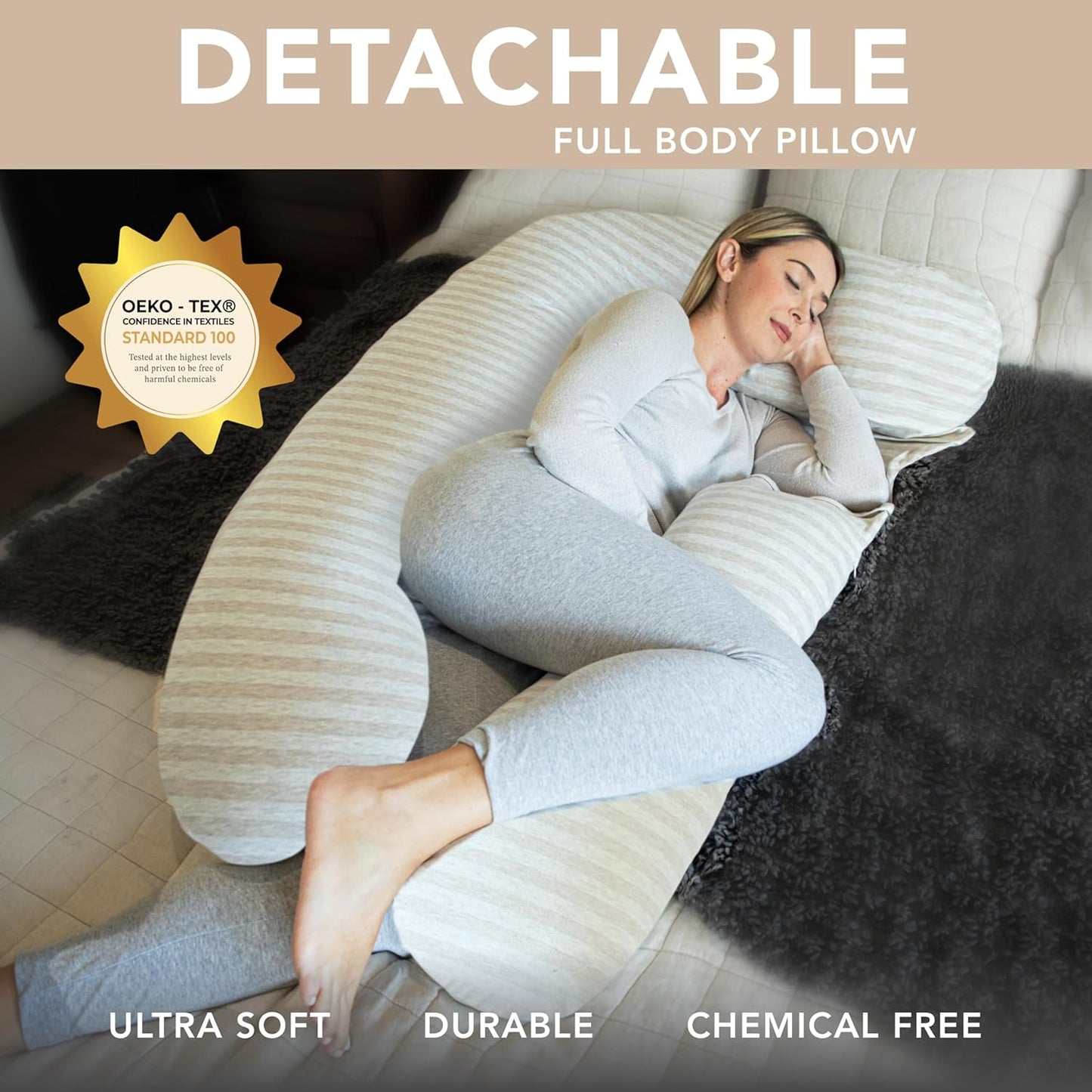 Pharmedoc Pregnancy Pillows, U-Shape Full Body Pillow -Removable Cover Jumbo Size - Grey - Pregnancy Pillows for Sleeping - Body Pillows for Adults, Maternity Pillow and Pregnancy Must Haves