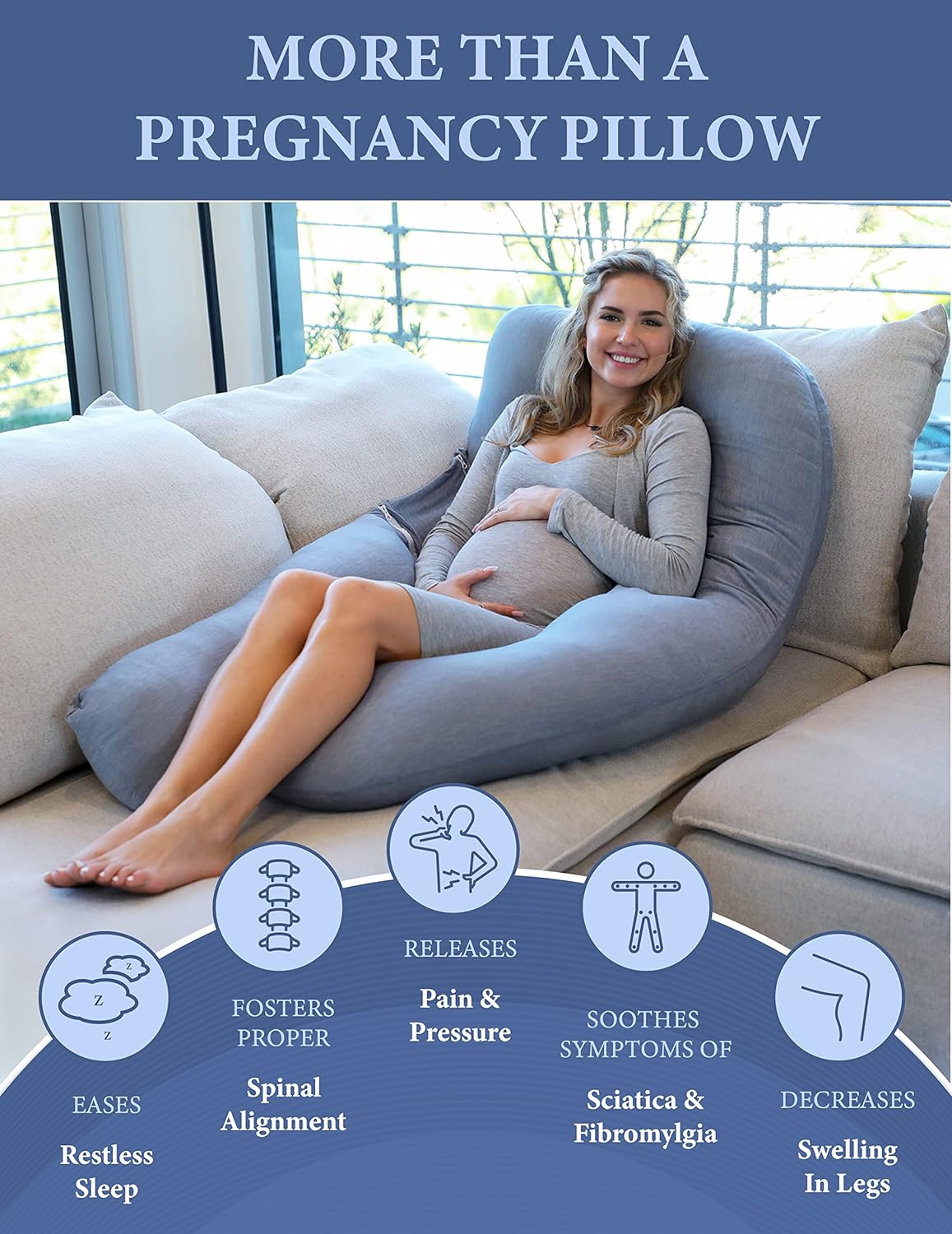 Pharmedoc Pregnancy Pillows, U-Shape Full Body Pillow -Removable Cover Jumbo Size - Grey - Pregnancy Pillows for Sleeping - Body Pillows for Adults, Maternity Pillow and Pregnancy Must Haves