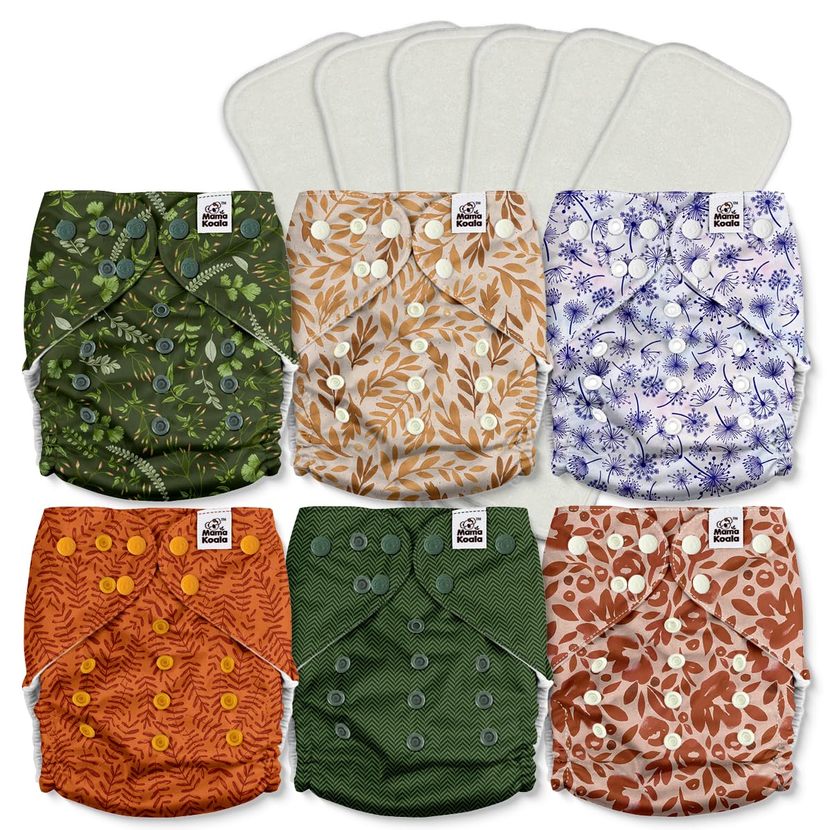 Mama Koala 2.0 Cloth Diapers for Babies with AWJ Lining, 6 Pack with 6 Bamboo Cloth Diaper Inserts - Reusable and Washable Pocket Diapers(Simply Neutrals)