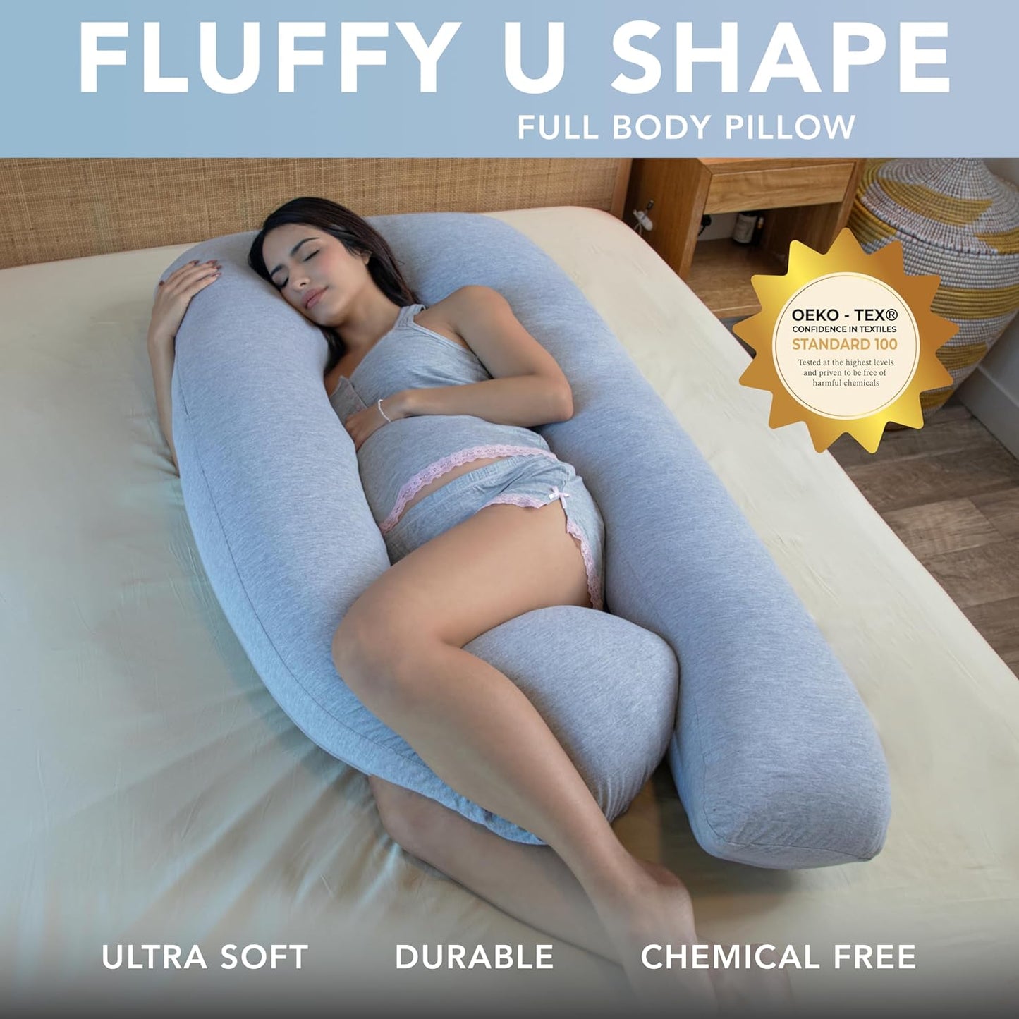 Pharmedoc Pregnancy Pillows, U-Shape Full Body Pillow -Removable Cover Jumbo Size - Grey - Pregnancy Pillows for Sleeping - Body Pillows for Adults, Maternity Pillow and Pregnancy Must Haves