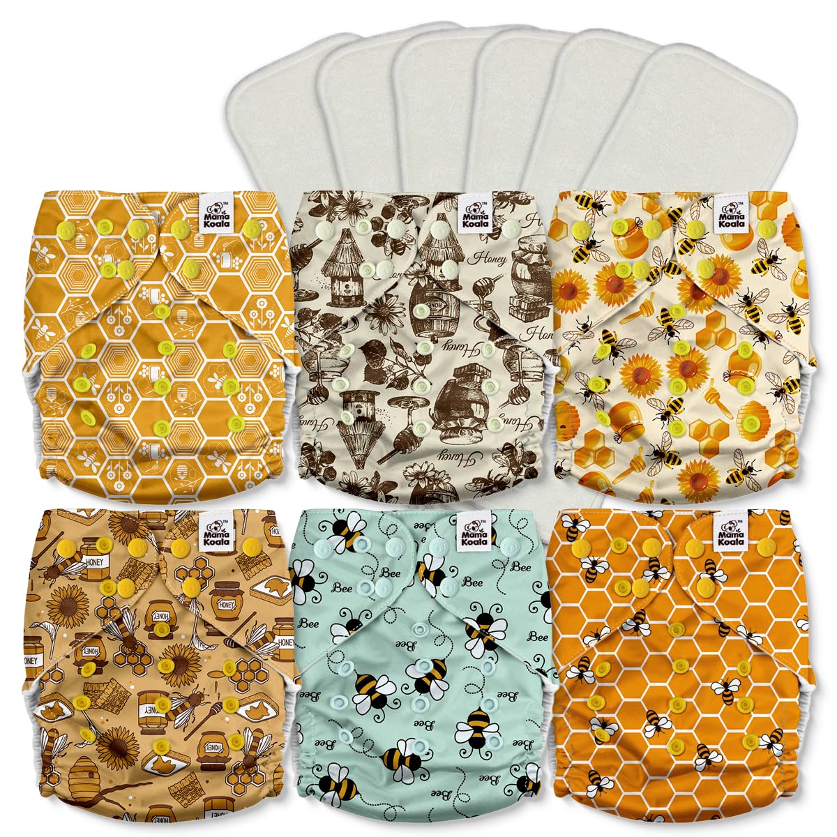 Mama Koala 2.0 Cloth Diapers for Babies with AWJ Lining, 6 Pack with 6 Bamboo Cloth Diaper Inserts - Reusable and Washable Pocket Diapers(Simply Neutrals)