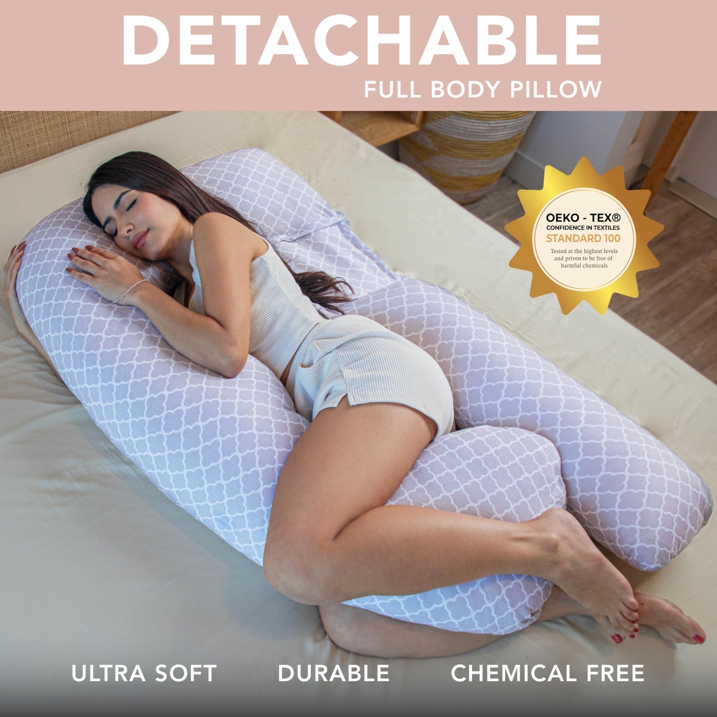 Pharmedoc Pregnancy Pillows, U-Shape Full Body Pillow -Removable Cover Jumbo Size - Grey - Pregnancy Pillows for Sleeping - Body Pillows for Adults, Maternity Pillow and Pregnancy Must Haves