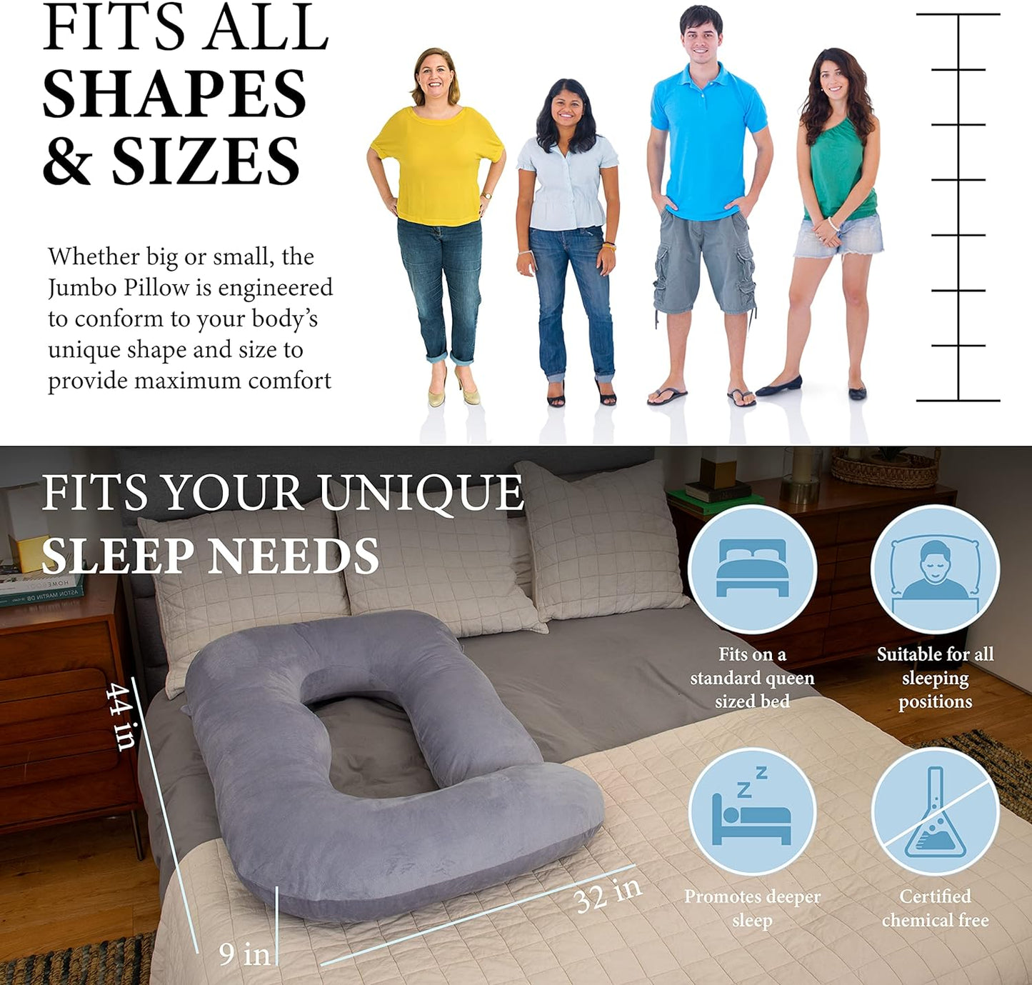 Pharmedoc Pregnancy Pillows, U-Shape Full Body Pillow -Removable Cover Jumbo Size - Grey - Pregnancy Pillows for Sleeping - Body Pillows for Adults, Maternity Pillow and Pregnancy Must Haves