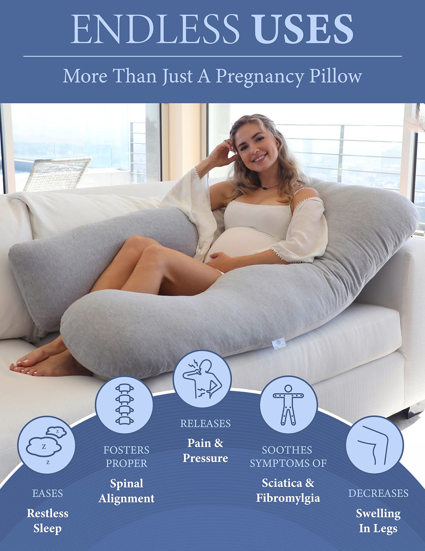 Pharmedoc Pregnancy Pillows, U-Shape Full Body Pillow -Removable Cover Jumbo Size - Grey - Pregnancy Pillows for Sleeping - Body Pillows for Adults, Maternity Pillow and Pregnancy Must Haves