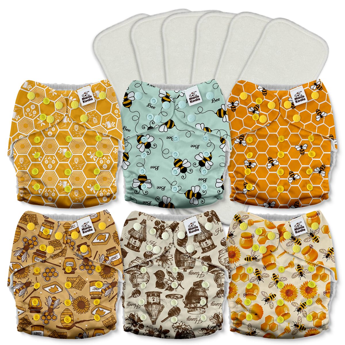 Mama Koala 2.0 Cloth Diapers for Babies with AWJ Lining, 6 Pack with 6 Bamboo Cloth Diaper Inserts - Reusable and Washable Pocket Diapers(Simply Neutrals)