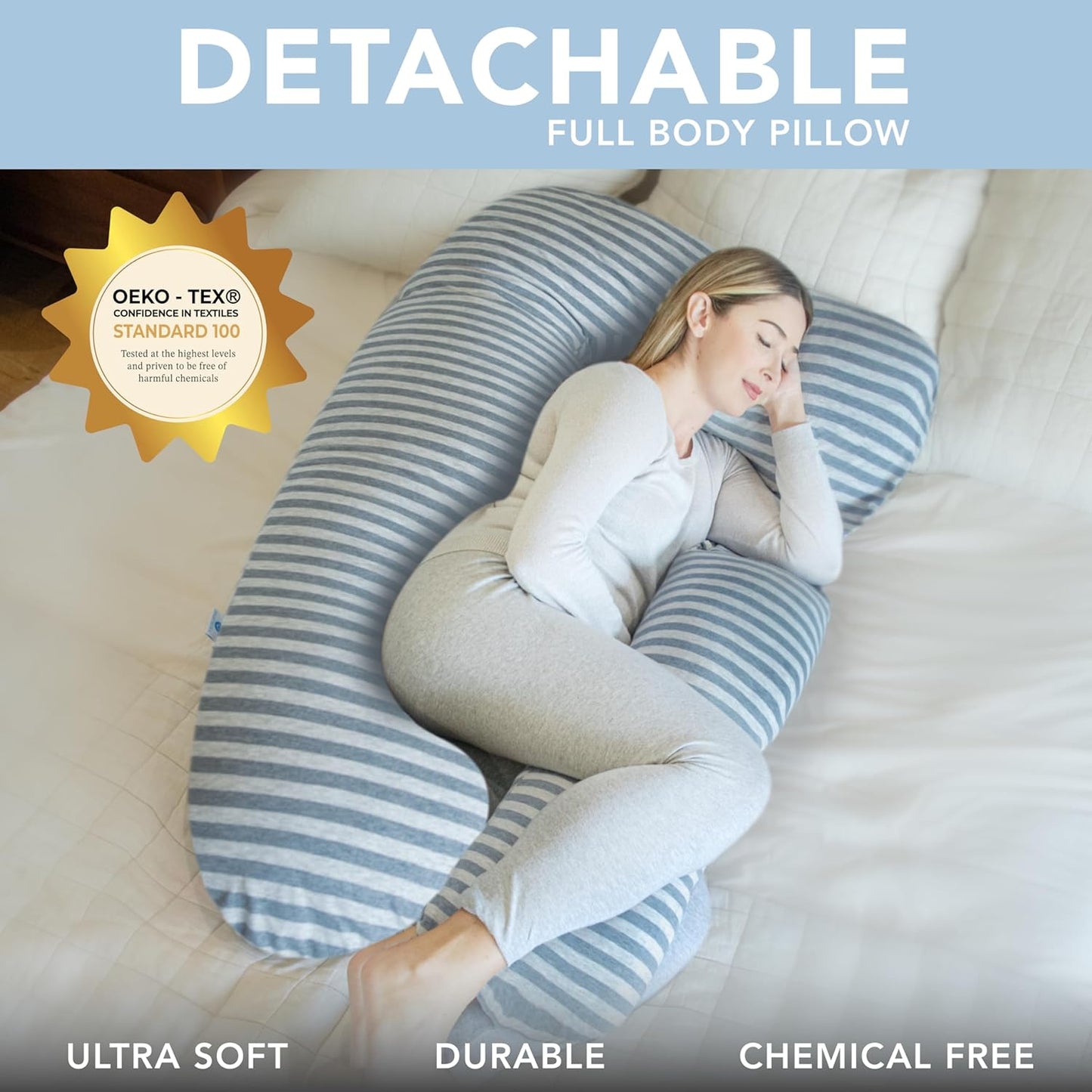Pharmedoc Pregnancy Pillows, U-Shape Full Body Pillow -Removable Cover Jumbo Size - Grey - Pregnancy Pillows for Sleeping - Body Pillows for Adults, Maternity Pillow and Pregnancy Must Haves